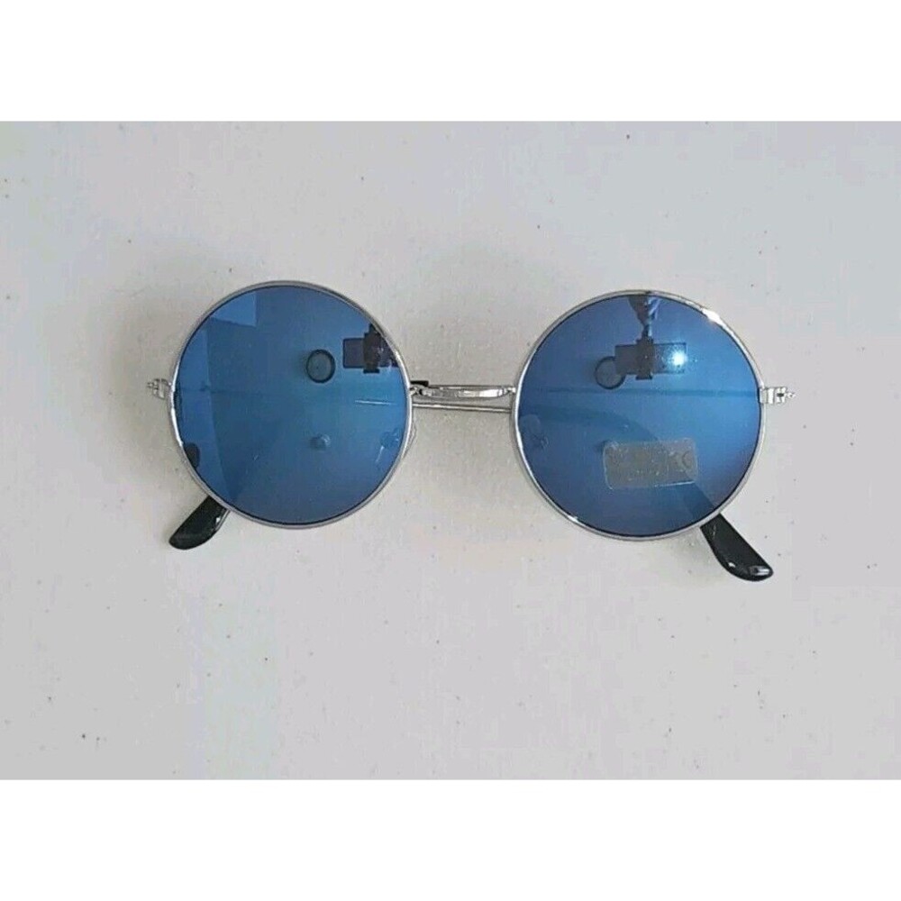 Petals and Peacocks Round Sunglasses Blue Lens with Silver Metal Frame